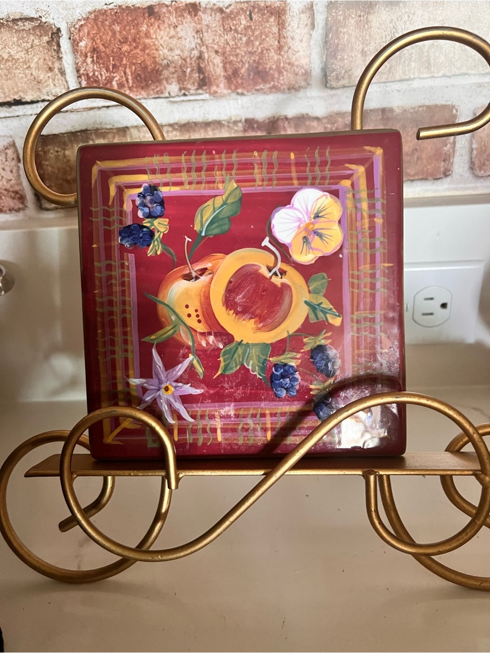 Vintage Hand-Painted Red Fruit & Floral Square Wall Art - Capriware